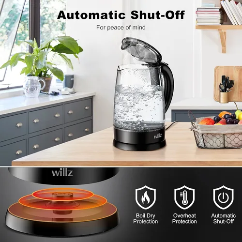 Vista 3 de Willz Hervidor eléctrico de vidrio con mango resistente al calor y vertido inalámbrico, tecnología de ebullición rápida y apagado automático, luz