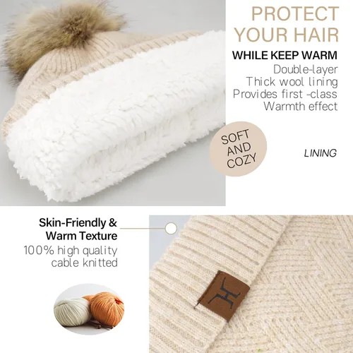 Vista 2 de Conjunto de gorro de punto cálido para mujer, bufanda larga, guantes para pantalla táctil, con forro polar, gorro de calavera con pompones, regalos