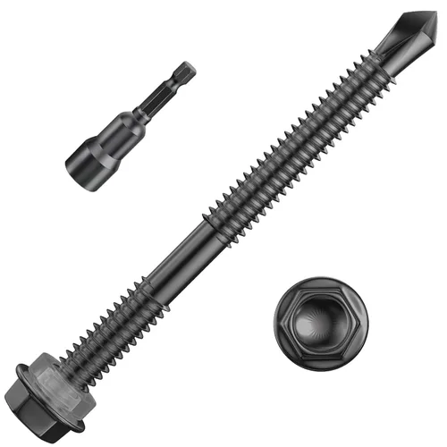 Vista 9 de Wensilon (250 piezas) #8×1" Tornillos autoperforantes de cabeza arandela hexagonal negros, tornillos de chapa metálica de acero inoxidable 410