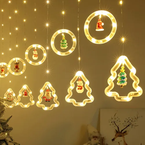 Vista 14 de BLOOMWIN Luces de Ventana de Navidad Decoraciones de Ventana Navideñas Iluminadas - Luz de Anillo en Forma de Árbol con Luz de Cortina de Ornamento