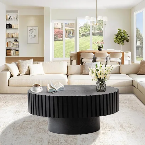 Vista 8 de Oval Drum Coffee Table, Fluted Modern Unique Tea Tables, Center Tables for Living Room, Small Space, Apartment, Farmhouse