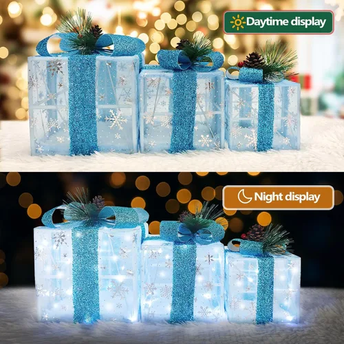 Vista 3 de Juego de 3 cajas de regalo iluminadas de Navidad, cajas de regalo preiluminadas de 60 luces LED que se iluminan, ornamento de cajas de regalo, cajas