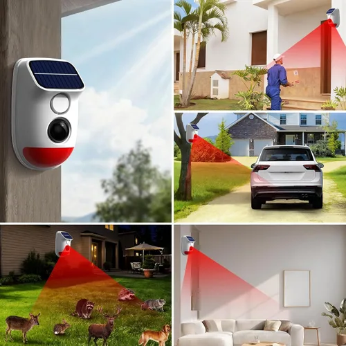 Vista 8 de Alarma solar con sensor de movimiento, sirena de seguridad impermeable IP65 de 120 dB con luz estroboscópica, 3 modos para patio, granja, hogar