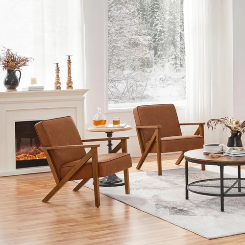 Vista 16 de Yaheetech Silla decorativa de piel sintética con marco de madera, moderna silla retro para sala de estar, oficina, área de recepción, color marrón