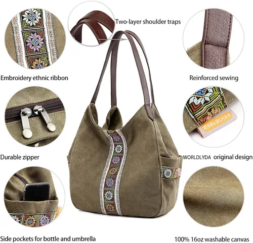 Vista 3 de Worldlyda Women Canvas Hobo Purse Multi Pocket Tote Shopper Shoulder Bag Casual Top Handle handbag with Embroidery Ethnic