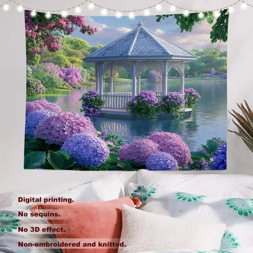 Vista 2 de Batmerry Peaceful Retreat Beautiful Landscape Tapestry, Blooming Garden Setting Wall Art Hanging Decoration Polyester Fiber White Ruffled Around For