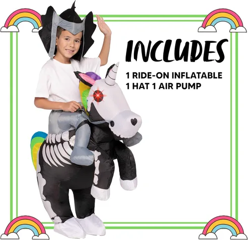 Vista 5 de Spooktacular Creations Inflatable Costume Kids, Unicorn Skeleton Blow Up Costumes Riding a Unicorn with LED Light Eyes