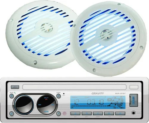 Gravity MGR-207BT 200W A2DP True Marine Stereo AM FM Radio Media Player Receptor con Bluetooth y 350 WATTS Altavoces de audio marino coaxial de 2