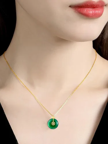 Vista 6 de Chapado en oro de 18 quilates hecho a mano S925 de plata de ley hetian jade verde buena suertefortunacírculo de bendiciónRuyi LockLucky Koi