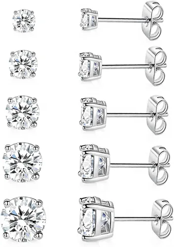 MDFUN 5 Pairs Stud Earrings Sets 3-7MM 18K Gold Plated RoundCushionAsscherEmerald Cut Cubic Zirconia Earring Hypoallergenic Stud Earrings for Women