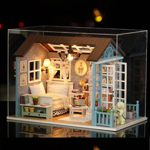 Vista 8 de Kit de casa de muñecas en miniatura para bricolaje, casa de muñecas realista en miniatura 3D de madera, habitación de muñeca con muebles, luces LED