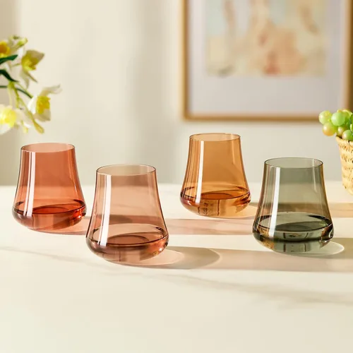 Vista 8 de Copas de vino de cristal sin tallo: juego de 4-15oz Lindas copas de vino marrón soplado a mano ámbar sin tallo para cena de otoño invierno