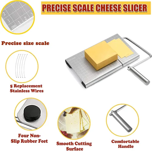 Vista 2 de Cortador de mantequilla de acero inoxidable con escala de tamaño preciso, para rebanar queso y mantequilla, equipado con 5 cables de corte de queso