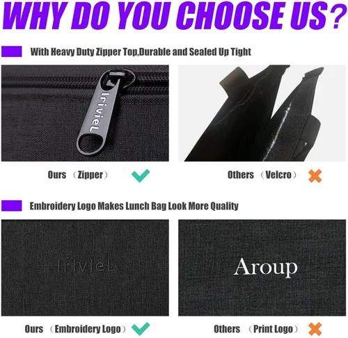 Vista 2 de Bolsa de almuerzo negra para hombres – Bolsa de almuerzo con cremallera para mujer, lonchera simple reutilizable aislada