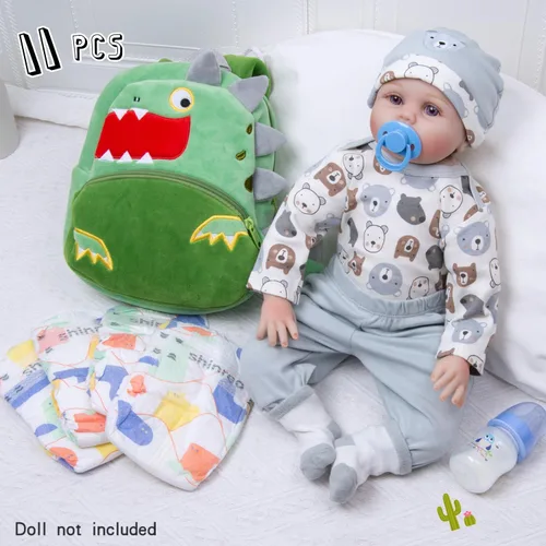 Vista 2 de 11 piezas de ropa de muñeca Reborn con mochila para muñecas Reborn de 17 a 22 pulgadas, accesorios de ropa para niños, juego de pañales de dinosaurio