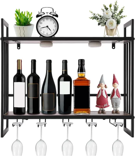 Estante de vino montado en la pared de 23.6 pulgadas con luz LED de control remoto, soporte para colgar botellas de vino mental, gabinete de bar de