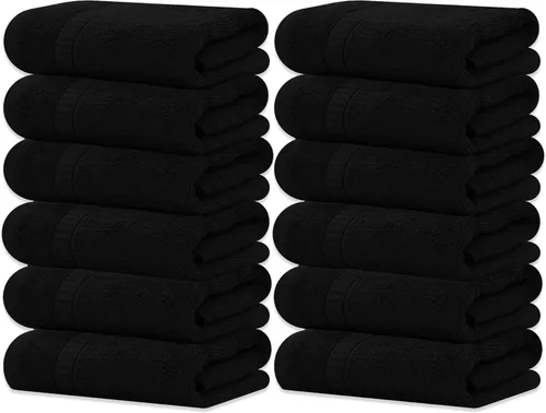 GOLD TEXTILES Toalla 100% algodón, paquete de 12, 13 x 13 pulgadas, color negro, ultra suave, altamente absorbente, de larga duración y de secado