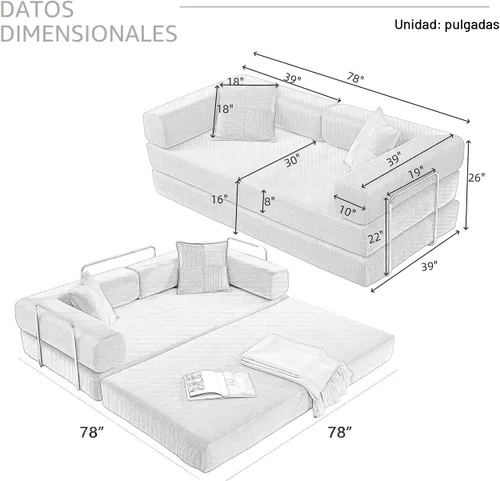 Vista 2 de Sofá cama plegable convertible 4 en 1, sofá de 78 pulgadas sin estructura rígida con marco de forma fija, sofá biplaza de pana con cama extraíble