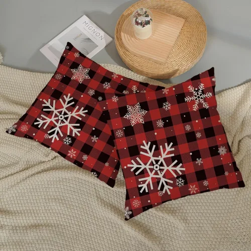 Vista 6 de Fundas de almohada de Navidad 40 x 40 cm, juego de 2 cojines con diseño de copo de nieve, a cuadros color negro y rojo, funda de almohada de búfalo