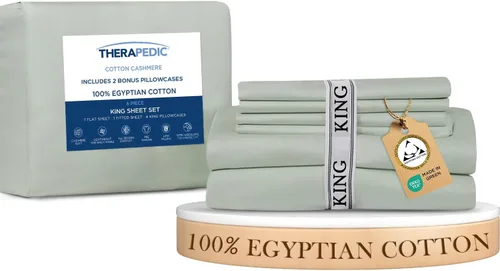 Vista 13 de Therapedic Juego de sábanas Queen de 6 piezas 100% algodón egipcio, satén naturalmente refrescante y transpirable, lavado suave preencogido, sábana