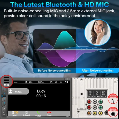 Vista 5 de Estéreo de auto doble DIN con cámara de salpicadero, control de voz Carplay, Android Auto, controles del volante, pantalla táctil HD de 7 pulgadas