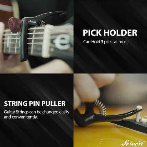 Vista 4 de Salvori Cejilla exclusiva de obsidiana negra 'Dark Knight' resistente con 4 púas, clip para guitarra clásica, ukelele, mandolina, banjo