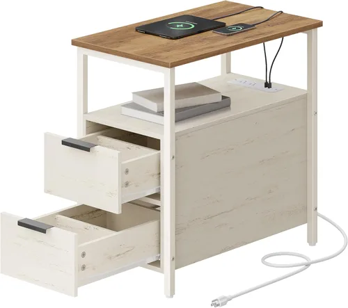 Vista 10 de VASAGLE Mesa auxiliar con estación de carga, mesita de noche delgada con 2 cajones, mesita de noche estrecha para sala de estar, espacios pequeños