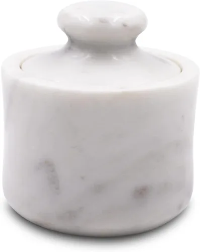 Vista 2 de Bodega de sal de mármol blanco con tapa para Himalaya, mar, hierbas, azúcar o especias, tarro de especias de cocina rústica, pequeño recipiente