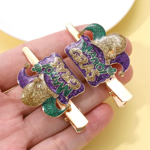 Vista 4 de Pinzas para el cabello de Mardi Gras para mujer, sombrero de bufón con purpurina, máscara de flor de lis, horquillas para el martes gordo
