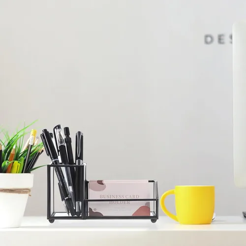 Vista 7 de Hipiwe Tarjetero de cristal para tarjetas de presentación de metal, para lápices, para escritorio, transparente, para oficina y hogar, 2 ranuras