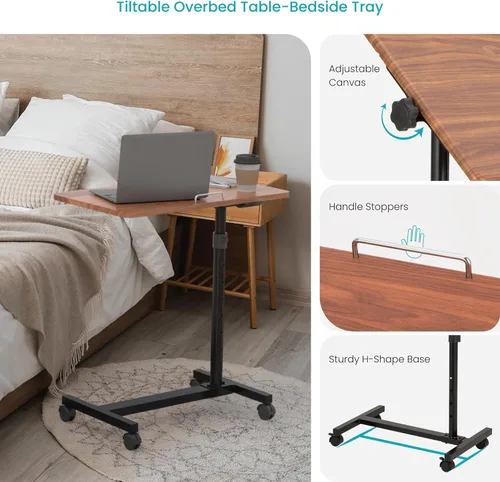 Vista 5 de Mesa de cama con ruedas y altura ajustable para opciones de estar de pie y sentarse, escritorio de trabajo desde casa, color marrón