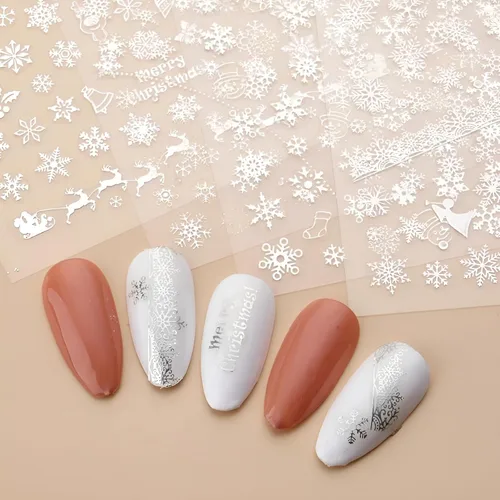 Vista 2 de 8 hojas de calcomanías de arte de uñas de copo de nieve, color blanco y dorado, calcomanías de uñas de Navidad autoadhesivas 3D, calcomanías de uñas