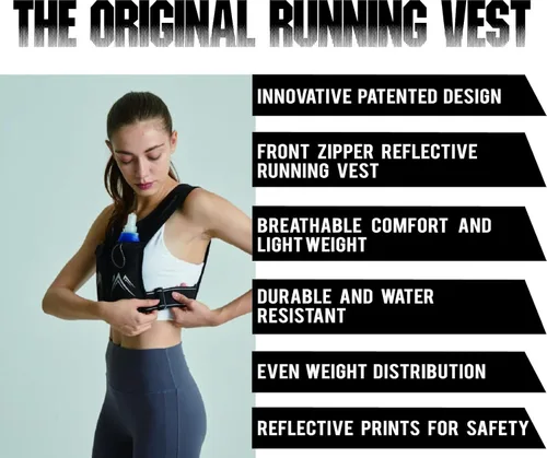 Vista 2 de REVALI Chaleco para correr, patente original de Estados Unidos, chalecos reflectantes con cremallera para correr con botella de hidratación de 16.9