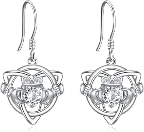 Claddagh - Aretes colgantes de plata de ley con nudo celta de cristal de Claddagh, aretes colgantes de gota irlandesa, regalos para mujeres y niñas