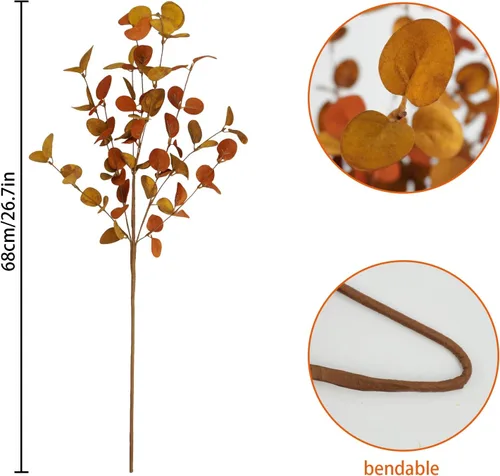 Vista 4 de 4 piezas de hojas artificiales de eucalipto de otoño, plantas de tallos verdes para el hogar, arreglo floral, boda, fiesta, otoño, Acción