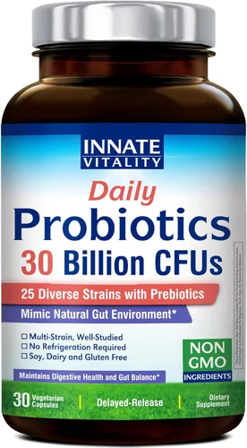 Innate Vitality Probióticos diarios para mujeres y hombres, 30 mil millones de UFC de 25 cepas, prebióticos, para la salud digestiva, diarrea,