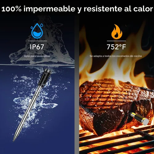 Vista 6 de Termómetro inalámbrico para carne Bluetooth con base digital independiente, rango ilimitado WiFi, sensor de precisión 6, impermeable IP67