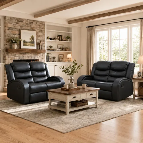 Vista 14 de Juego de sofá reclinable de 3 piezas, juego de muebles de sala de estar, sofá reclinable seccional de cuero, sofá reclinable manual, cómodo asiento