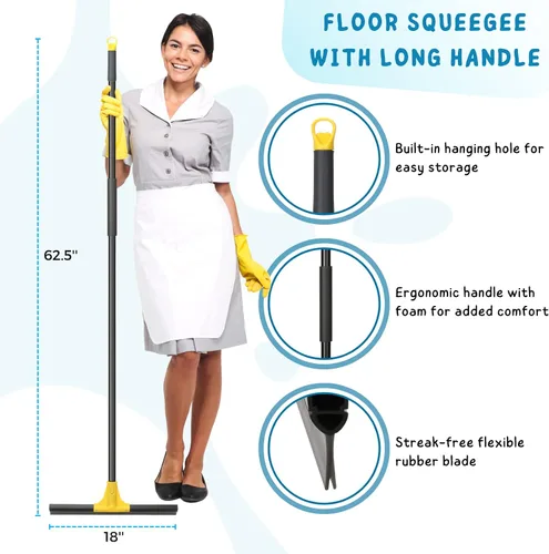 Vista 3 de Escurridor de Piso con Mango Telescópico Largo de 59'', Escoba de Goma Resistente de 18" para Hormigón, Azulejos de Baño, Garaje, Terraza
