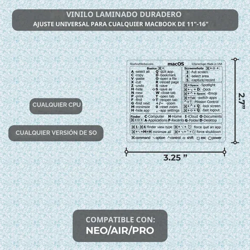 Vista 5 de Synerlogic (Universal/Neo/Air/Pro) Teclado de referencia Mac OS Adhesivo de acceso directo, vinilo laminado - para MacBook/iMac/Mini (negro)