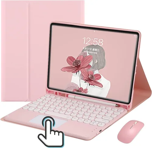 Vista 8 de Funda de teclado con panel táctil para iPad 6 iPad 5 Air 2 Pro de 9.7 pulgadas con teclado táctil retro de teclas redondas con ratón, teclado