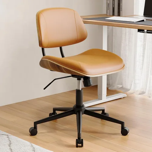Vista 11 de Silla de oficina sin brazos con ruedas, silla de escritorio de cuero Beige