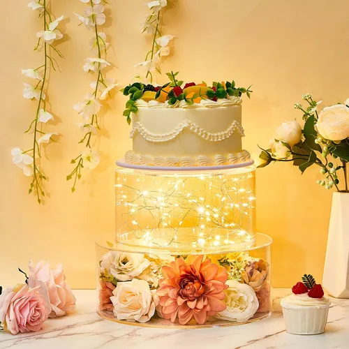 Vista 5 de Sintuff 3 Piezas Soporte Acrílico para Pasteles con Luces LED 6.7'', 8.6'', 10.6'' Transparente Rellenable Elevador de Pasteles Redondo Caja de 3