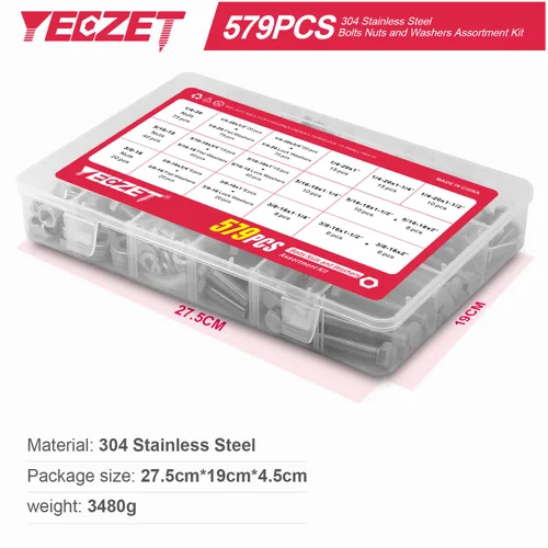 Vista 3 de YEEZET Kit de 579 tornillos y tuercas 1/4-20 5/16-18 3/8-16 de acero inoxidable 18-8 resistentes tornillos hexagonales tuercas arandelas kit