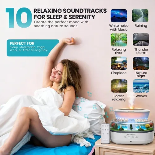 Vista 7 de Dreamlax Rain Humidifiers for Bedroom – Cool Mist Essential Oil Diffuser, White Noise Machine with 10 Nature Sounds, 7 LED Lights, Remote Control &