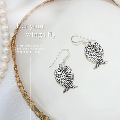 Vista 6 de AeraVida Aretes colgantes de plata esterlina con alas de ángel de Heavenly Love Plata de ley Plata Cobre