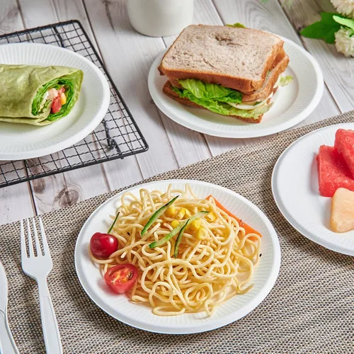 Vista 5 de Vplus Platos de papel pequeños 100% compostables, paquete de 300 platos de papel desechables de 6 pulgadas, biodegradables sin recubrimiento, hechos