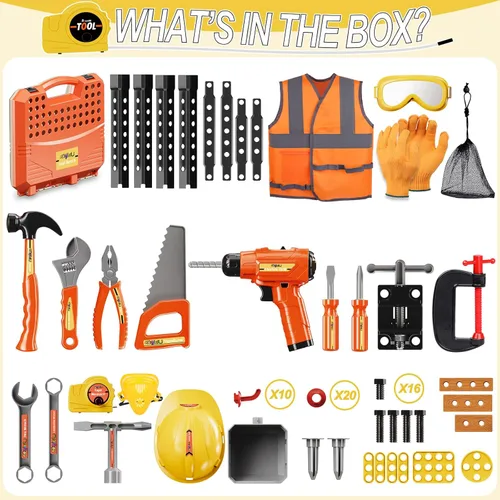 Vista 2 de Juego de Mesa de Herramientas para Niños, MAGIC4U 95 Piezas Mesa de Trabajo de Herramientas para Niños Pequeños con Taladro Electrónico, 13 Equipos