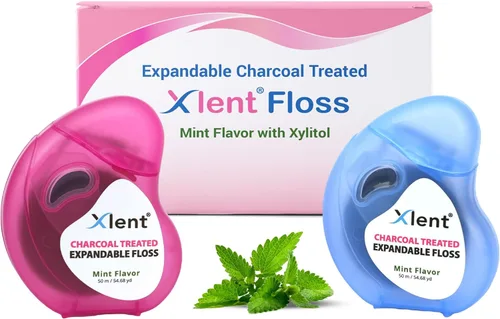 XLENT Hilo dental expandible con hilo dental – Carbón activado con xilitol y cera a base de plantas | Sabor a menta fresca | Sin PFAS y PTFE | 164.0