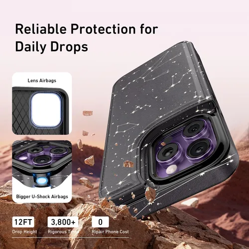 Vista 52 de LETO para iPhone 15 Pro Funda tipo cartera - Tapa tipo folio con patada - Diseños de moda - Tarjetero - Funda protectora para mujeres y niñas - 6.1